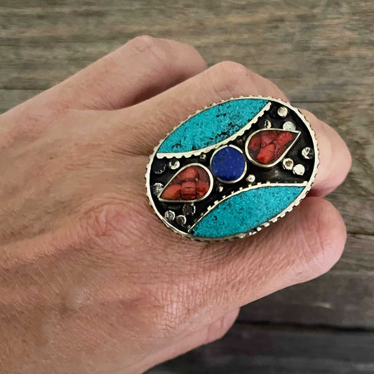 Big statement oval A Tibetan ring with Turquoise, Coral and Lapis Lazuli gemstone