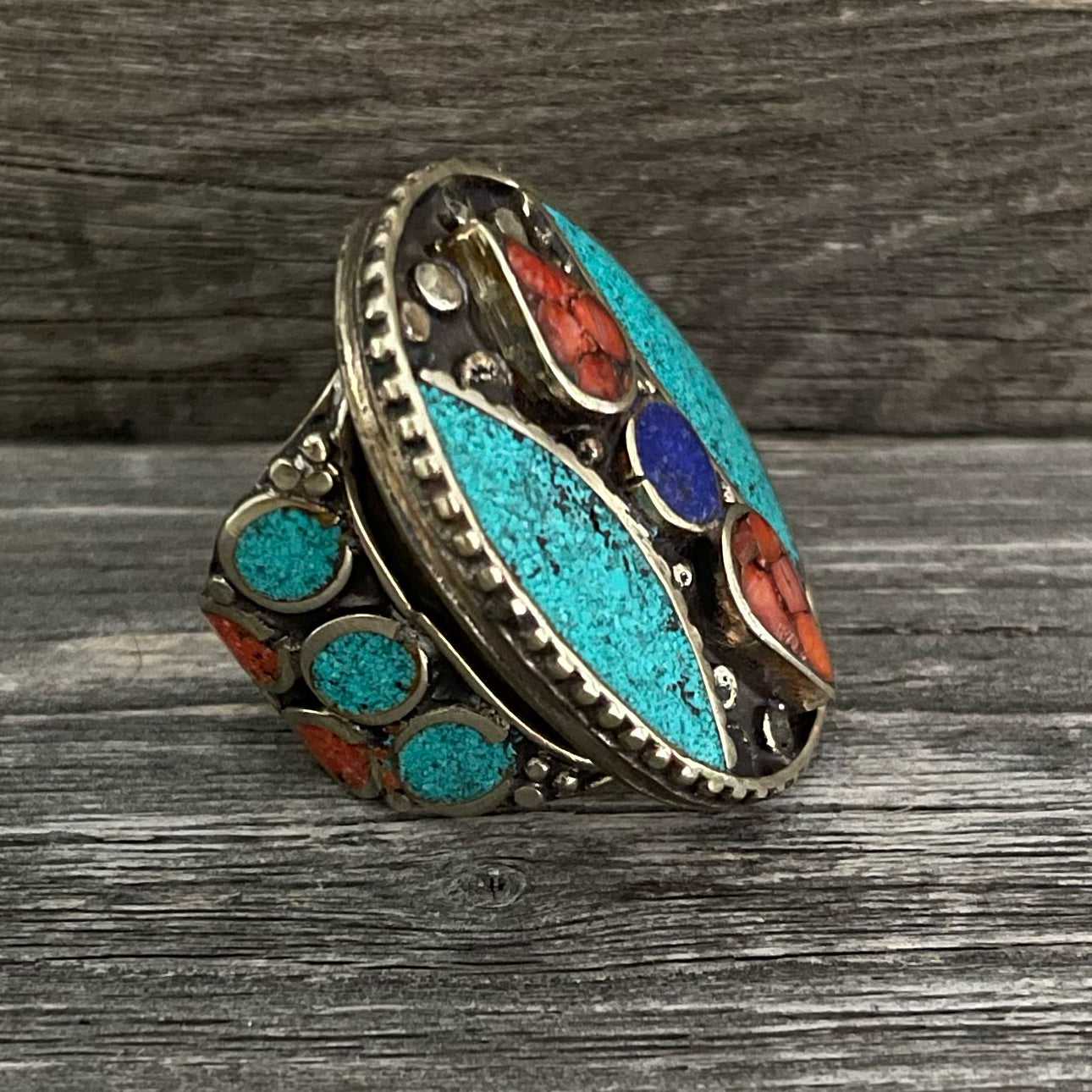 Big statement oval A Tibetan ring with Turquoise, Coral and Lapis Lazuli gemstone