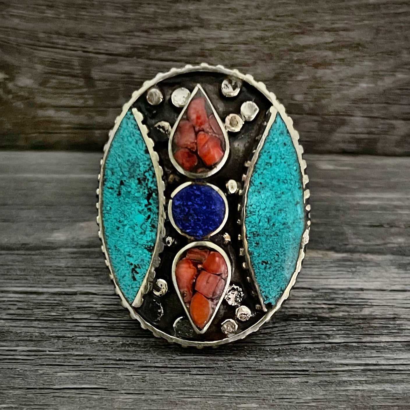 Big statement oval A Tibetan ring with Turquoise, Coral and Lapis Lazuli gemstone