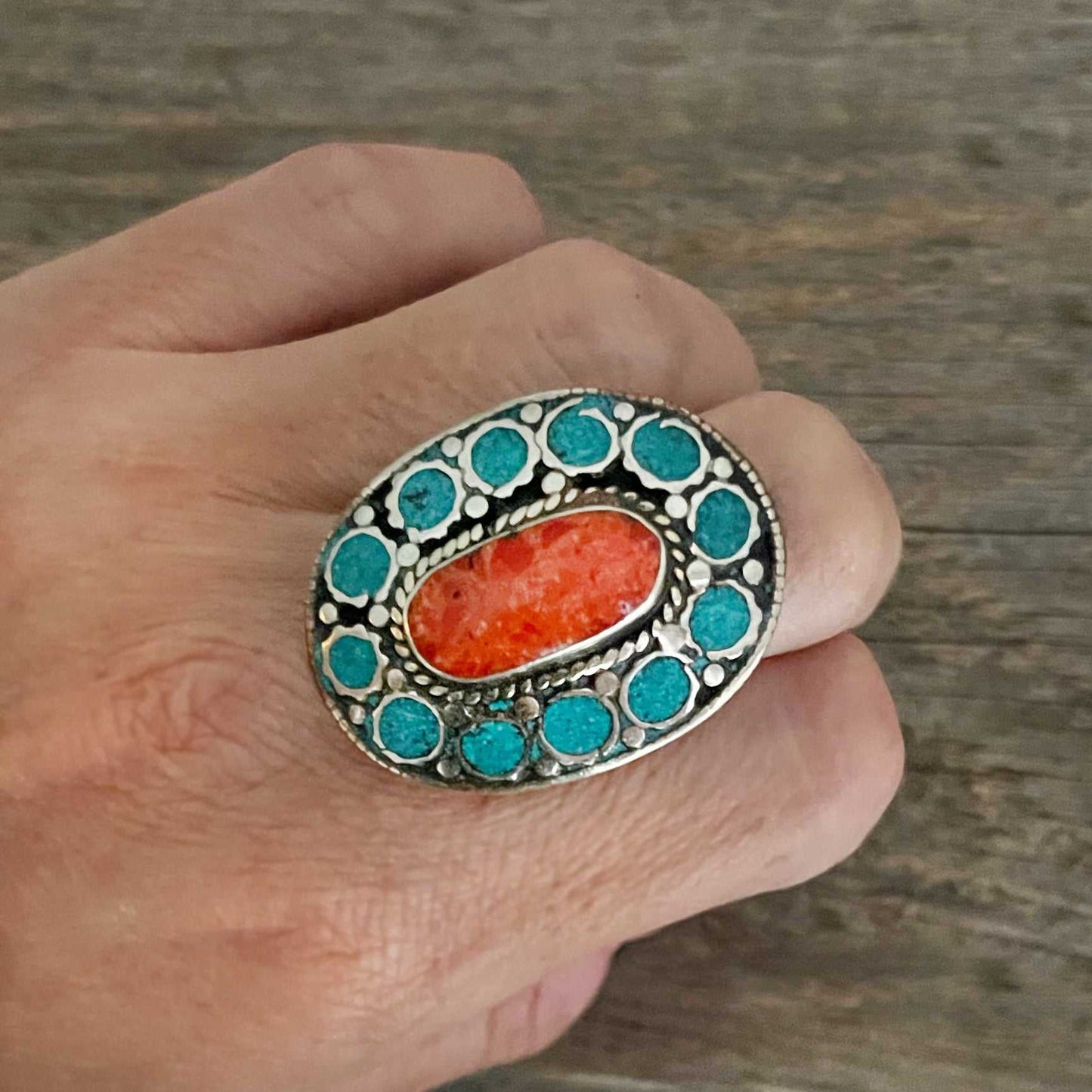 Big statement oval B Tibetan ring with Turquoise, Coral and Lapis Lazuli gemstone