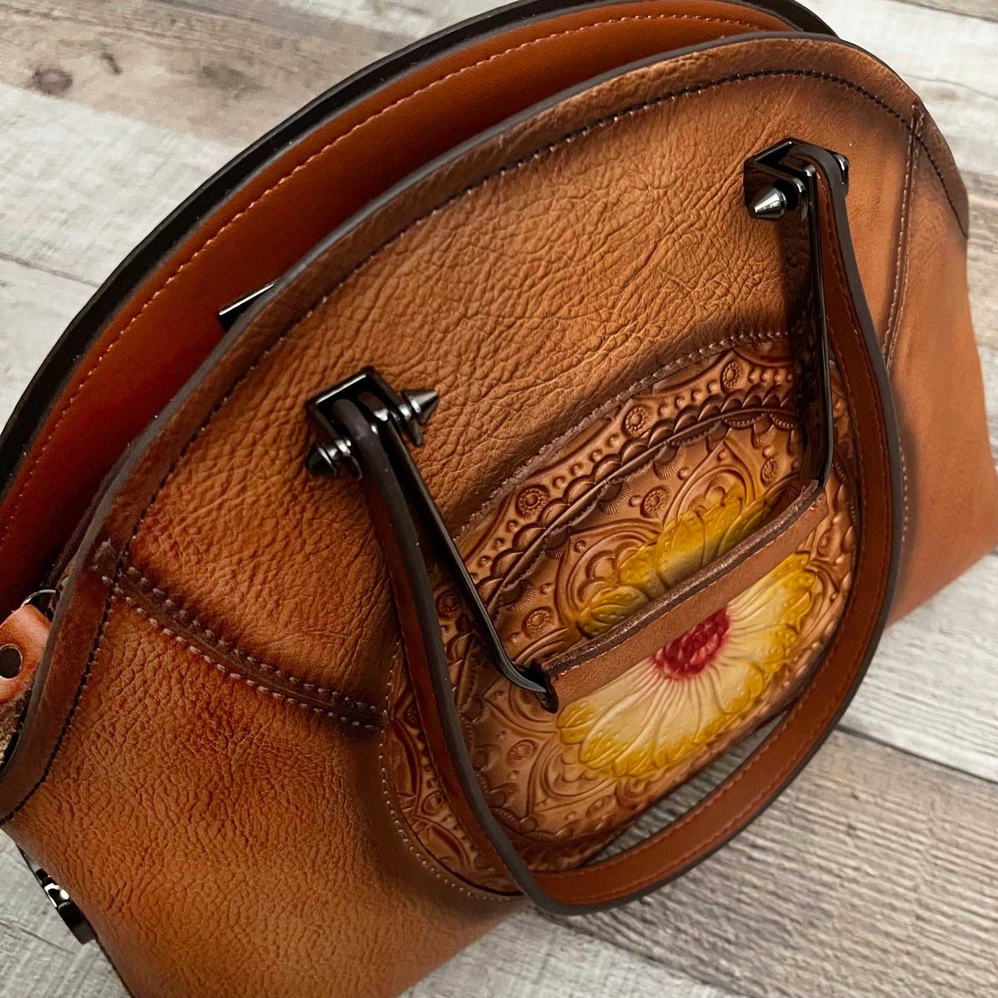 “SUNFLOWER BLAST” Genuine Tooled Leather Bag With Vegan Leather Accents and Shoulder Strap