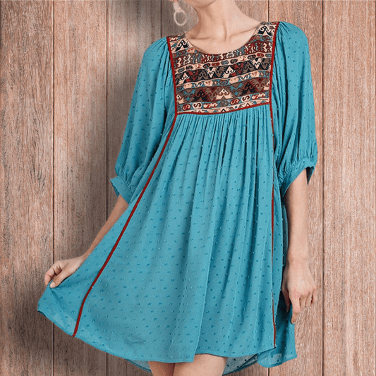 “WESTERN STAR” Dress | Boho half sleeve smock dress