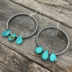 Genuine turquoise beads and silver hoop boho earrings