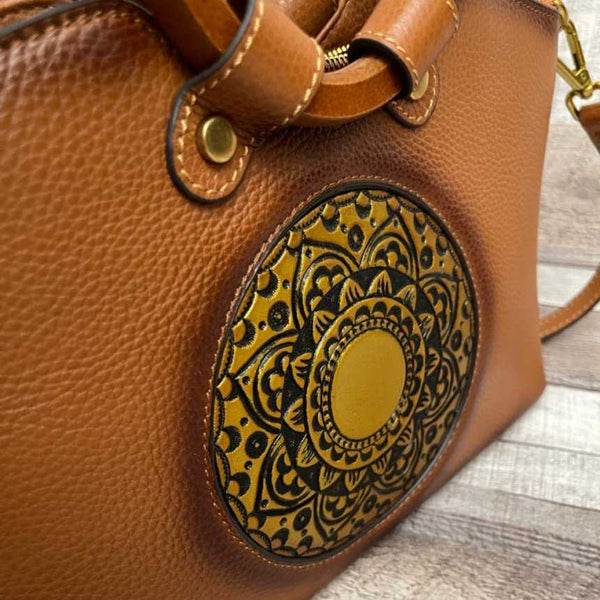 One of a Kind "MAIA" Genuine Tooled Mandala Leather Bag with Shoulder and Hand Straps