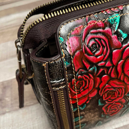 "CAMILE II" Small Tooled Leather painted handbag with shoulder and hand straps