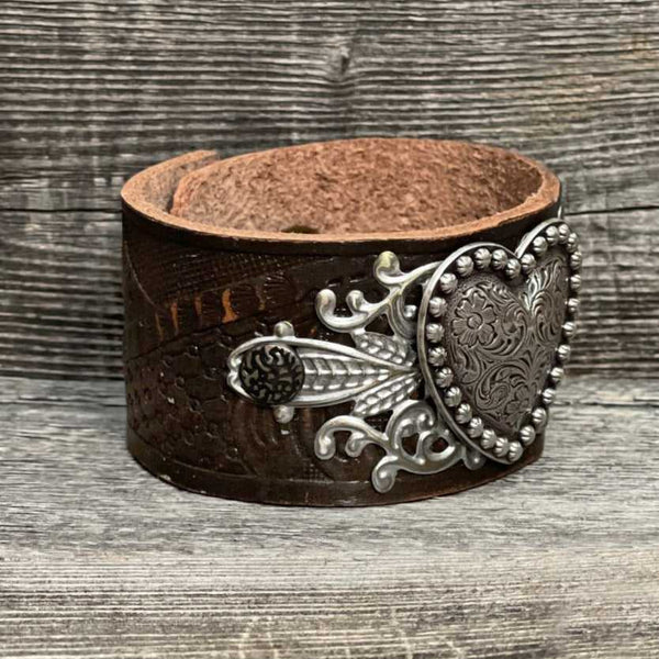 One of a kind, genuine leather, handmade tooled bracelet with copper heart concho