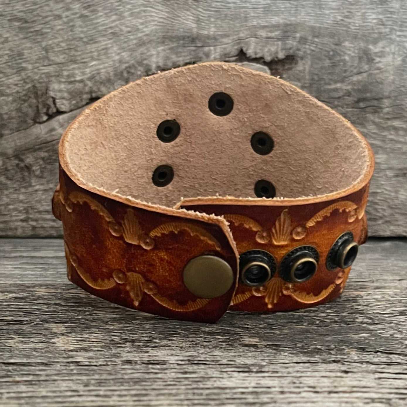 One of a kind genuine hand tooled leather and real Royston Turquoise inlay bracelet