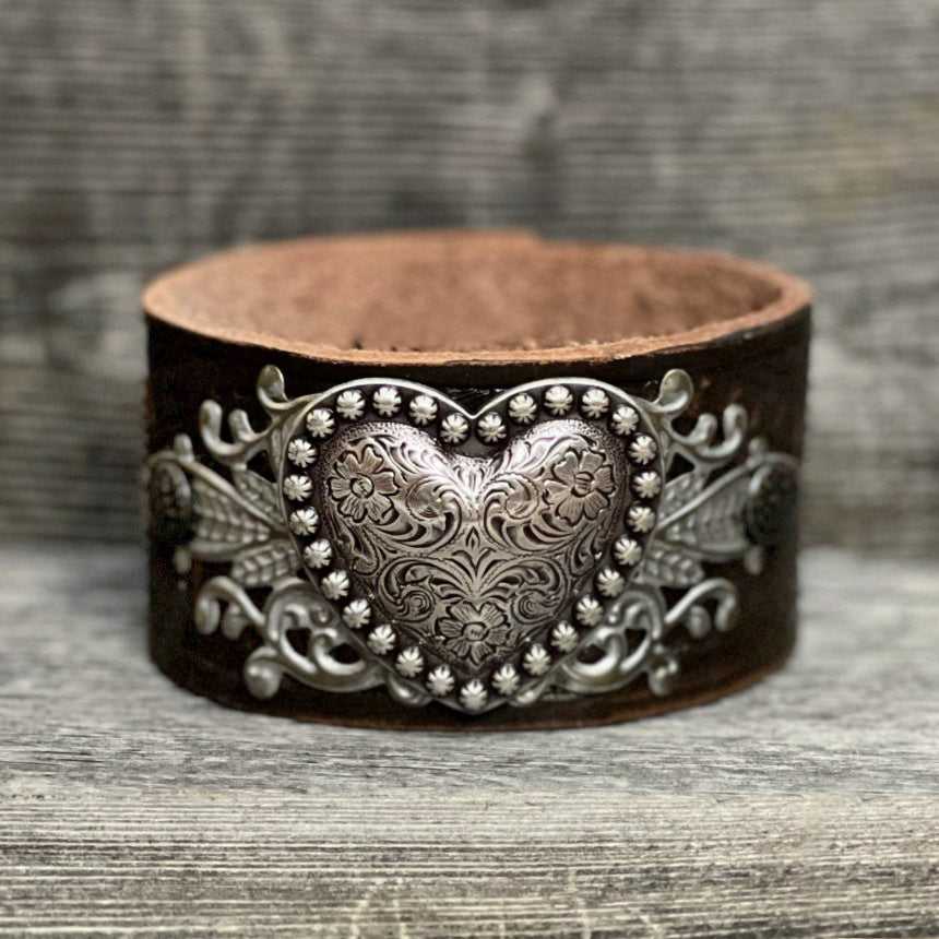 One of a kind, genuine leather, handmade tooled bracelet with copper heart concho
