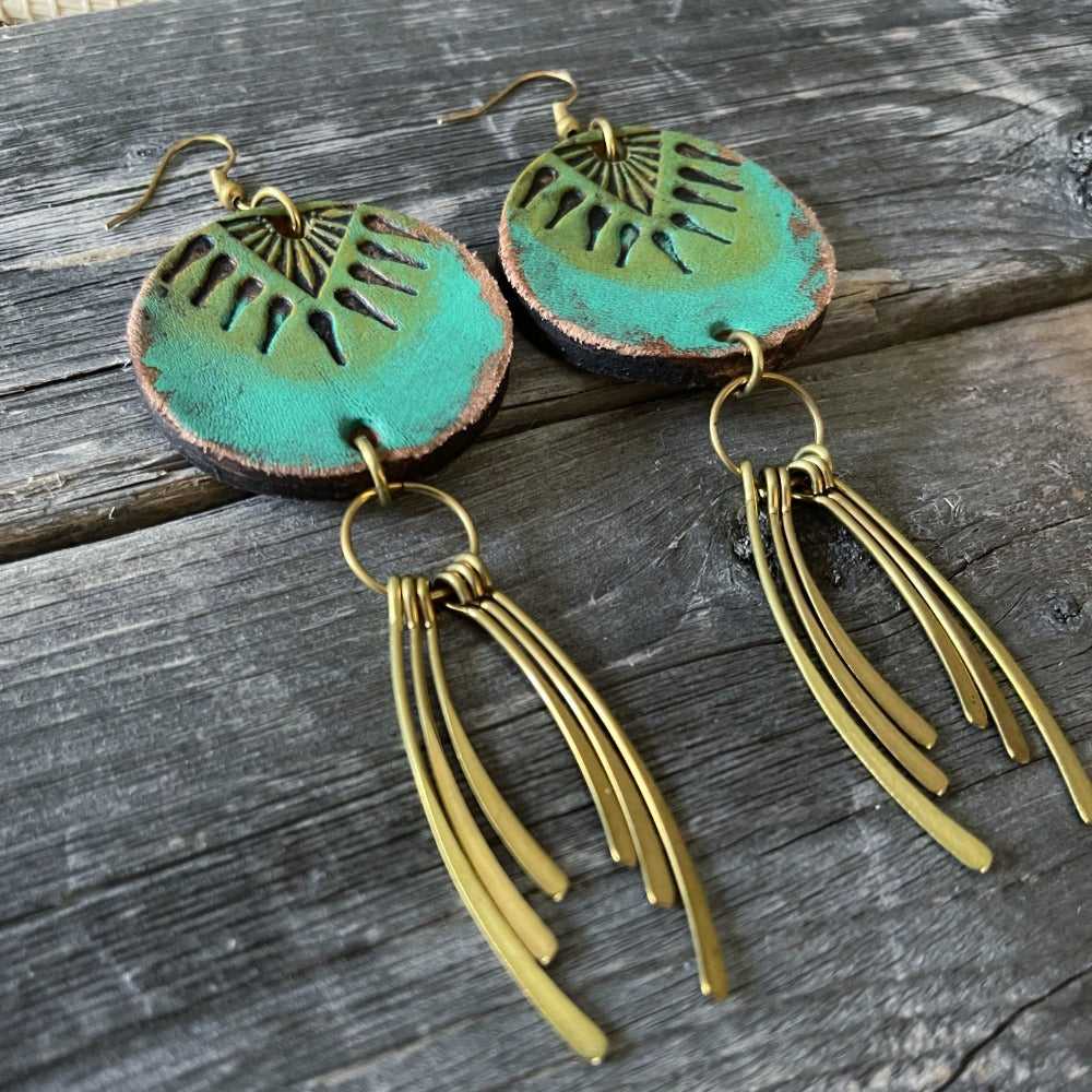 One of a kind - Hand tooled and hand painted boho leather earrings with metal fringe details