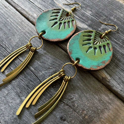 One of a kind - Hand tooled and hand painted boho leather earrings with metal fringe details
