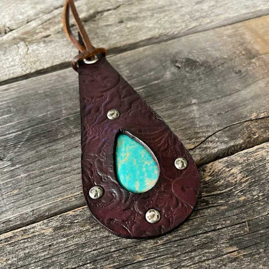 One of a kind - Real turquoise and tooled genuine leader pensando and leather rope necklace