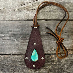 One of a kind - Real turquoise and tooled genuine leader pensando and leather rope necklace