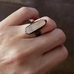 Copper Boho ring with natural white quartz stone and antique finish