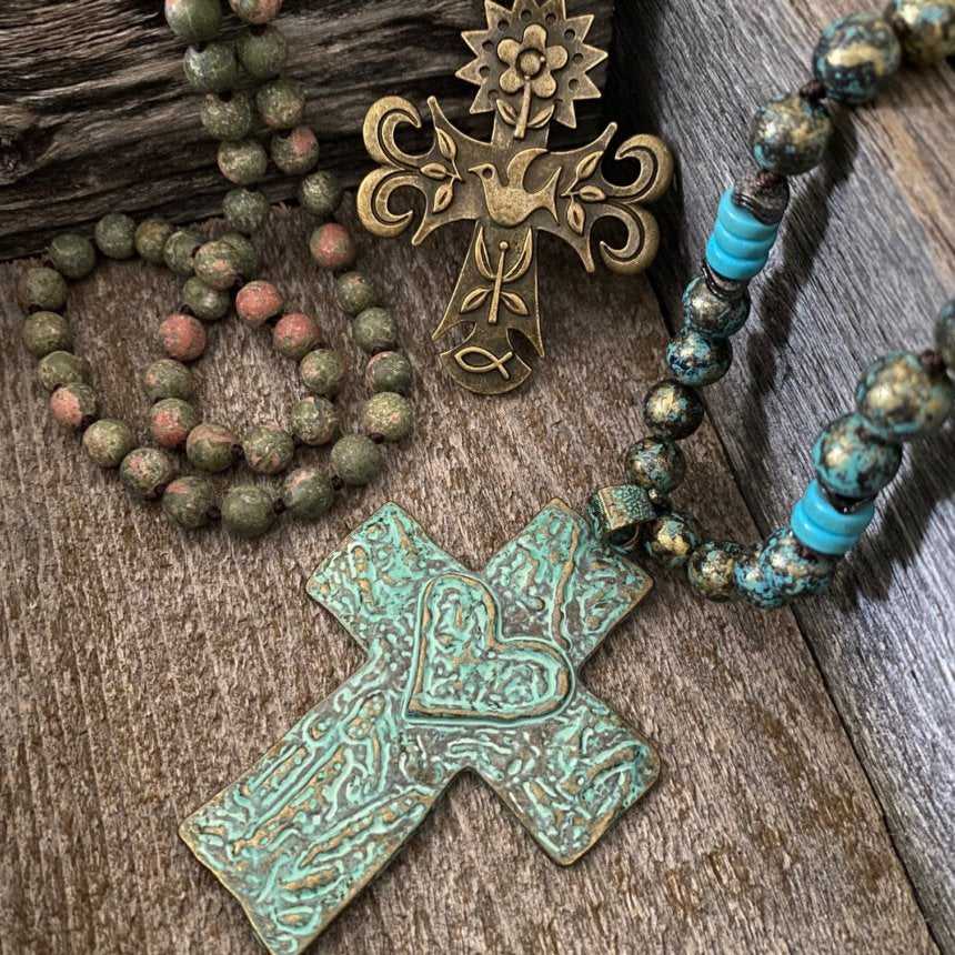 Vintage Turquoise and antique brass cross