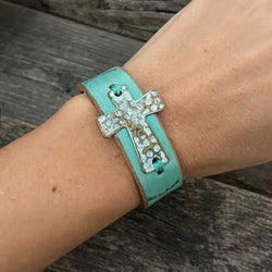 One of a Kind Genuine Leather Faith Bracelet with Vintage Cross