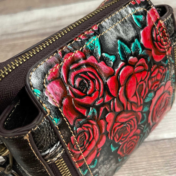 "CAMILE II" Small Tooled Leather painted handbag with shoulder and hand straps