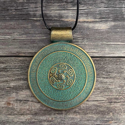 Vintage Turquoise “Mandala” Pendant, Black Leather Rope Necklace