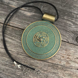 Vintage Turquoise “Mandala” Pendant, Black Leather Rope Necklace