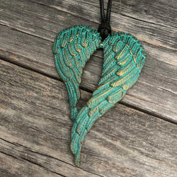 Vintage Turquoise “Wings*Heart” Pendant, Black Leather Rope Necklace