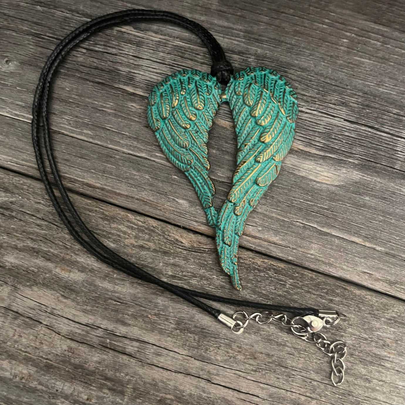 Vintage Turquoise “Wings*Heart” Pendant, Black Leather Rope Necklace