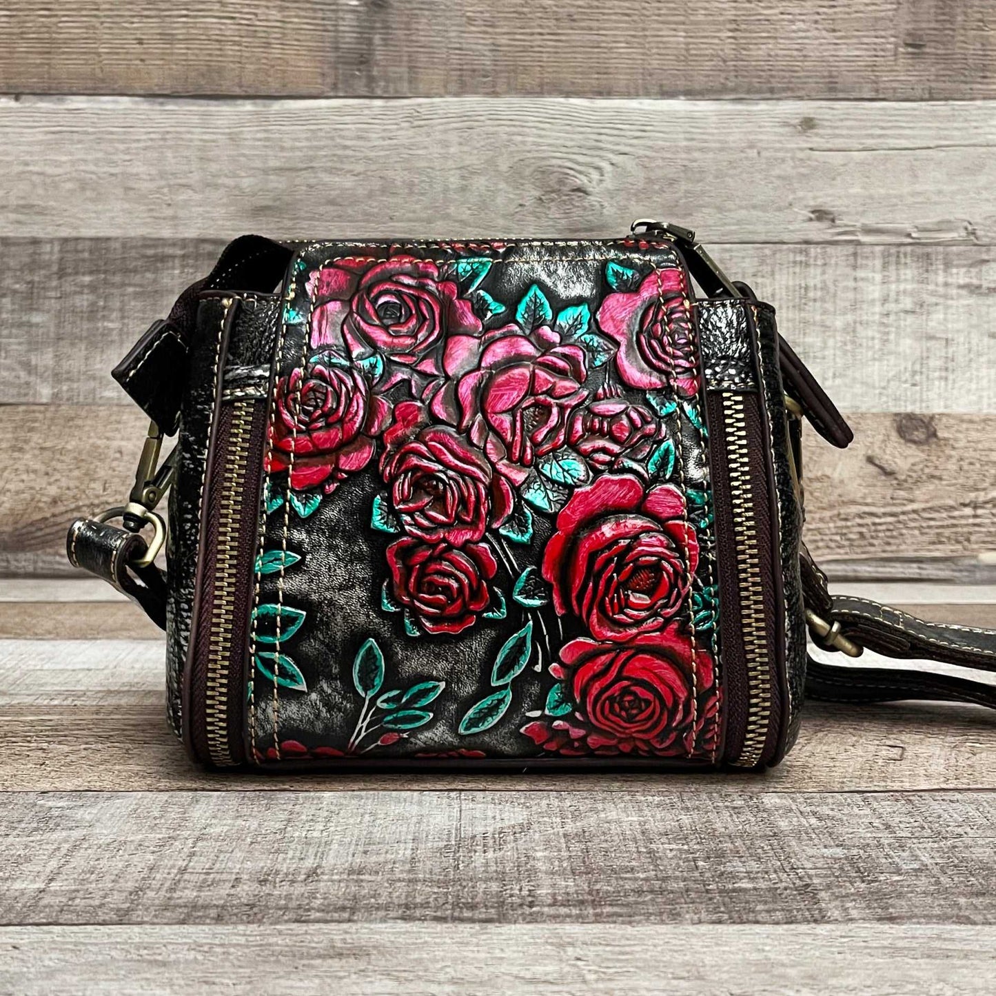 "CAMILE II" Small Tooled Leather painted handbag with shoulder and hand straps