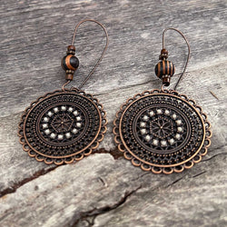 Antique copper mandala drop long earrings