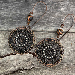 Antique copper mandala drop long earrings