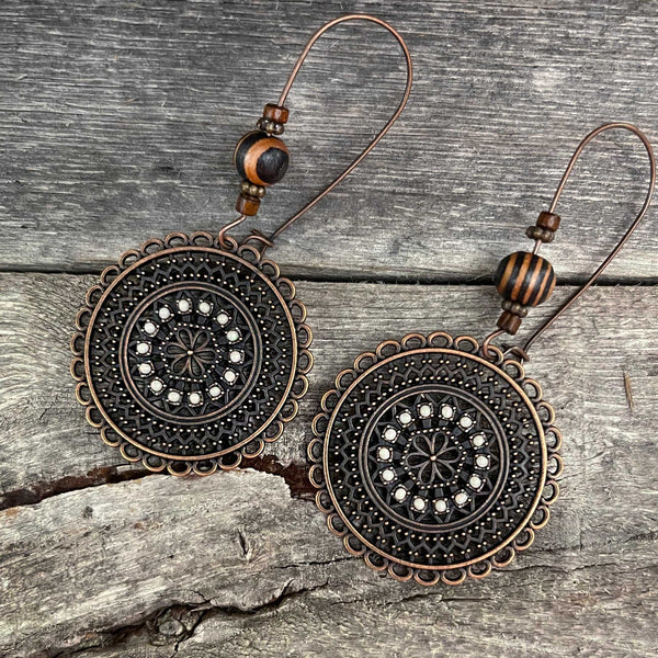 Antique copper mandala drop long earrings