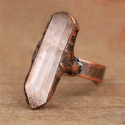 Copper Boho ring with natural white quartz stone and antique finish