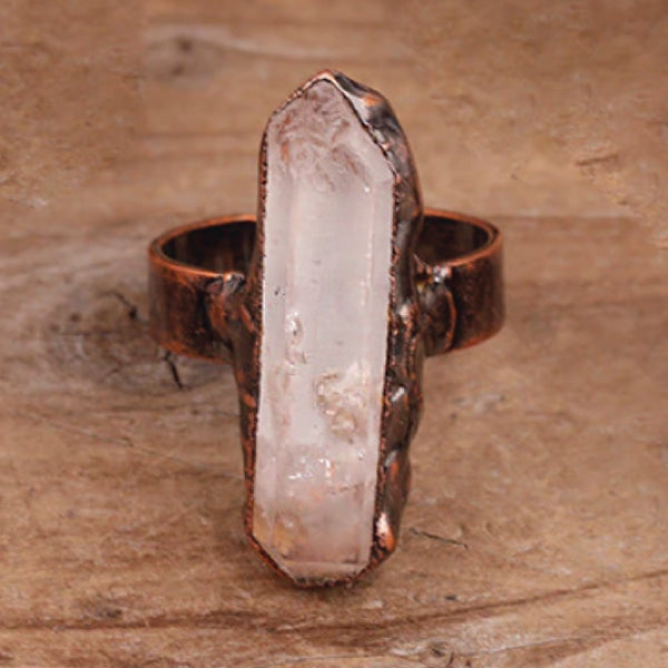 Copper Boho ring with natural white quartz stone and antique finish