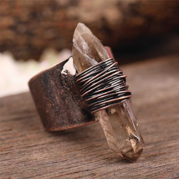 Copper Boho ring with natural smoky quartz stone and antique finish