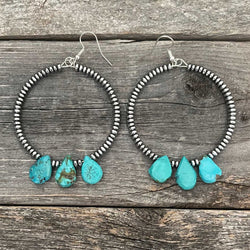 Genuine turquoise beads and silver hoop boho earrings