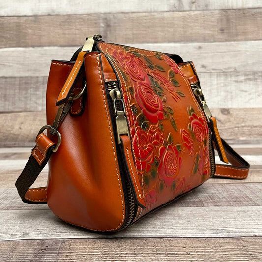 "CAMILE I" Medium Tooled Leather painted handbag with shoulder and hand straps