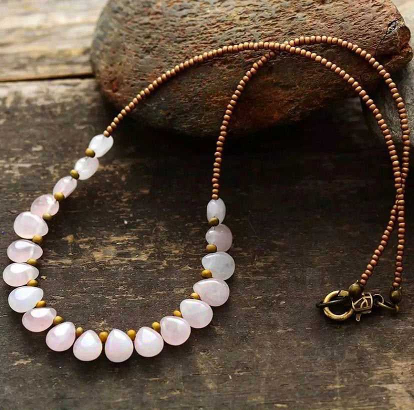 Rose quartz beaded boho necklace