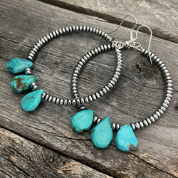 Genuine turquoise beads and silver hoop boho earrings