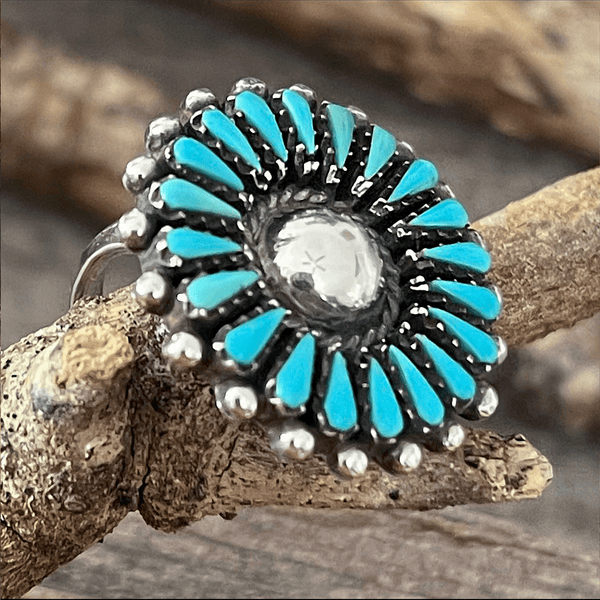 One Of A Kind, Real Turquoise And 925 Silver Vintage Navajo Mandala Ring, Handcrafted In 2001, Stamped By Native Artisan – Brand New!