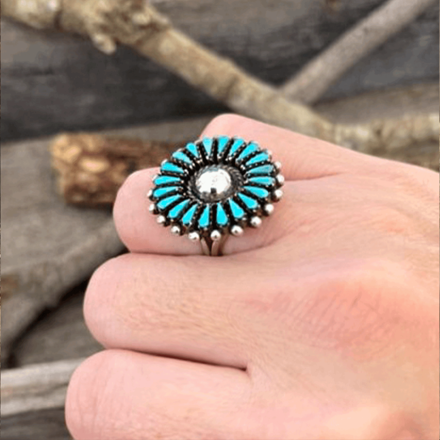 One Of A Kind, Real Turquoise And 925 Silver Vintage Navajo Mandala Ring, Handcrafted In 2001, Stamped By Native Artisan – Brand New!