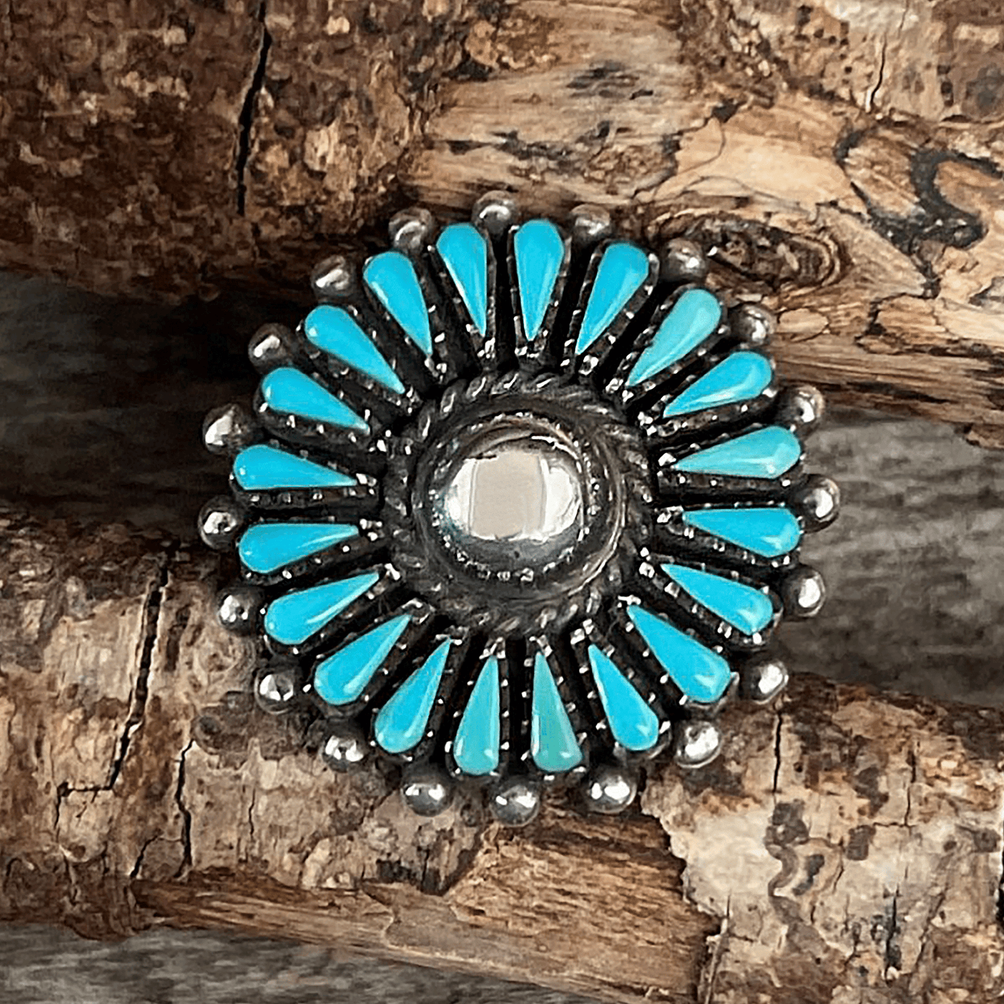 One Of A Kind, Real Turquoise And 925 Silver Vintage Navajo Mandala Ring, Handcrafted In 2001, Stamped By Native Artisan – Brand New!