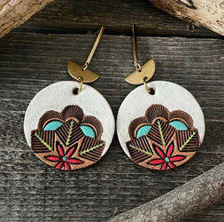 One of a kind - Hand tooled and hand painted boho leather earrings with vintage finish accents