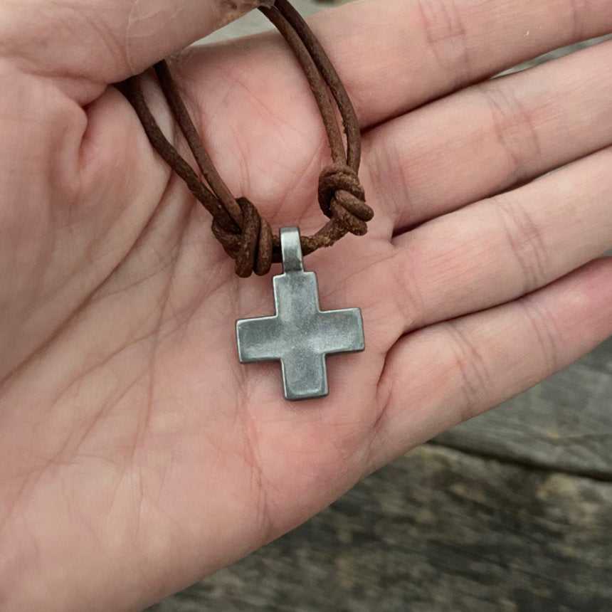Small cross boho pendant with genuine leather rope necklace