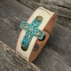 One of a Kind Genuine Leather Faith Bracelet with Vintage Cross